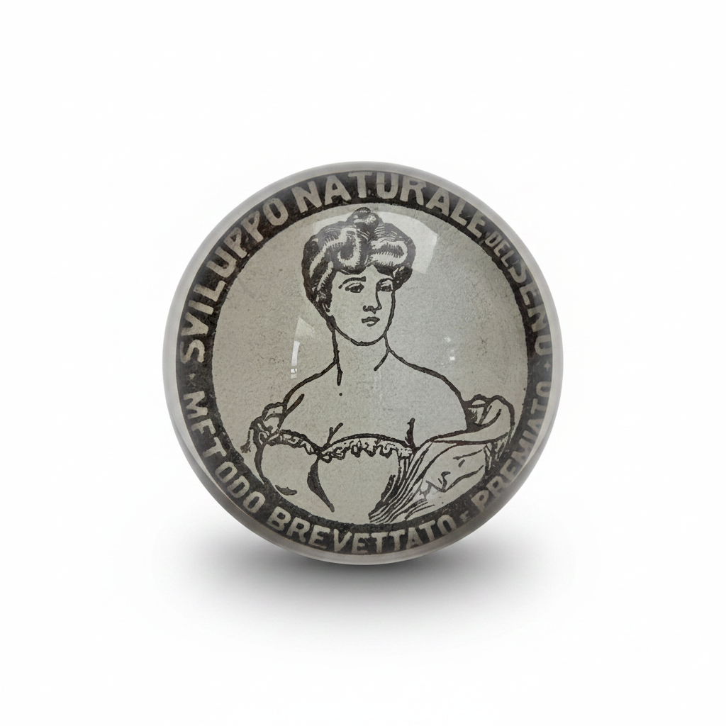 PostaFerma rotondo in vetro con ritaglio originale di una pubblicità del 1907 tratta da La Domenica del Corriere. Fermacarte decorativo, pezzo unico realizzato a mano con retro rifinito in velluto nero.
