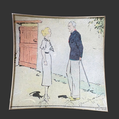 Shelfie in vetro realizzato a mano con ritaglio originale della rivista francese Lisette del 1937 raffigurante un uomo e una donna in una scena narrativa d'epoca.