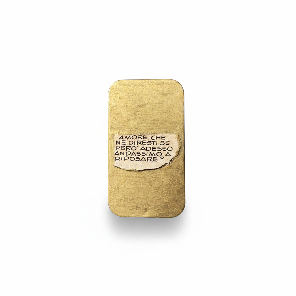 Keepsafe PerInciso realizzato con un frammento originale di Diabolik del 1993 contenente una frase di Eva Kant, applicato su una scatolina in metallo.