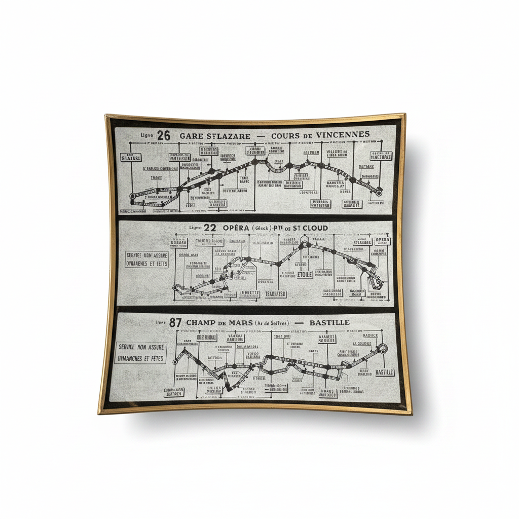 Shelfie Ø10 cm PerInciso realizzato con un frammento originale della mappa delle linee degli autobus di Parigi del 1971.
