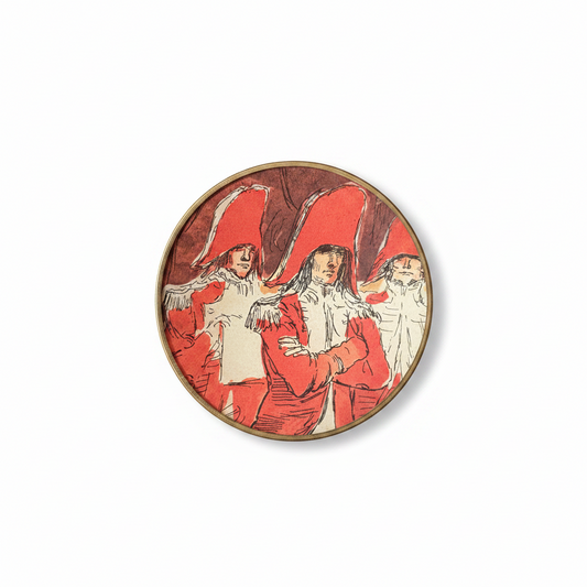 Shelfie Ø8 cm PerInciso realizzato con un ritaglio originale della collana Scala d'Oro del 1960 raffigurante ufficiali napoleonici, custodito sotto vet